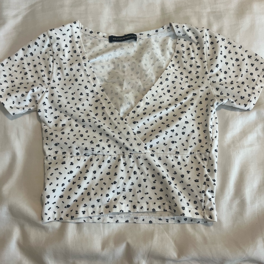 Brandy Melville v cut navy and white floral tee